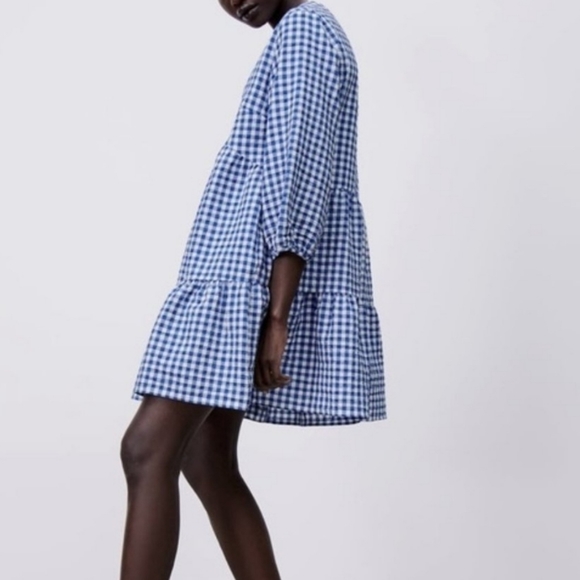 Zara Gingham Tiered Mini Dress Size L - Picture 5 of 11